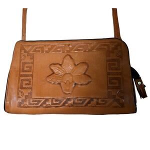 Vintage 70s Tooled Leather PYMSA Mexican Floral Mayan Calendar Purse - NEEDS TLC